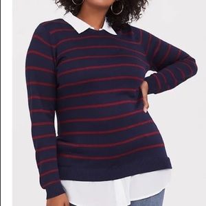 Torrid navy red striped sweater with button down shirt collar and tail